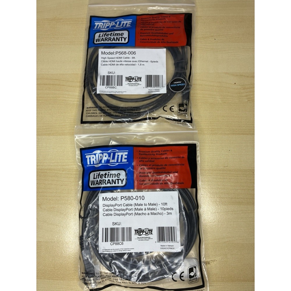 Tripp-Lite Display Port Cable P580-010 & HDMI Cable P568-006 Lot of 2 New